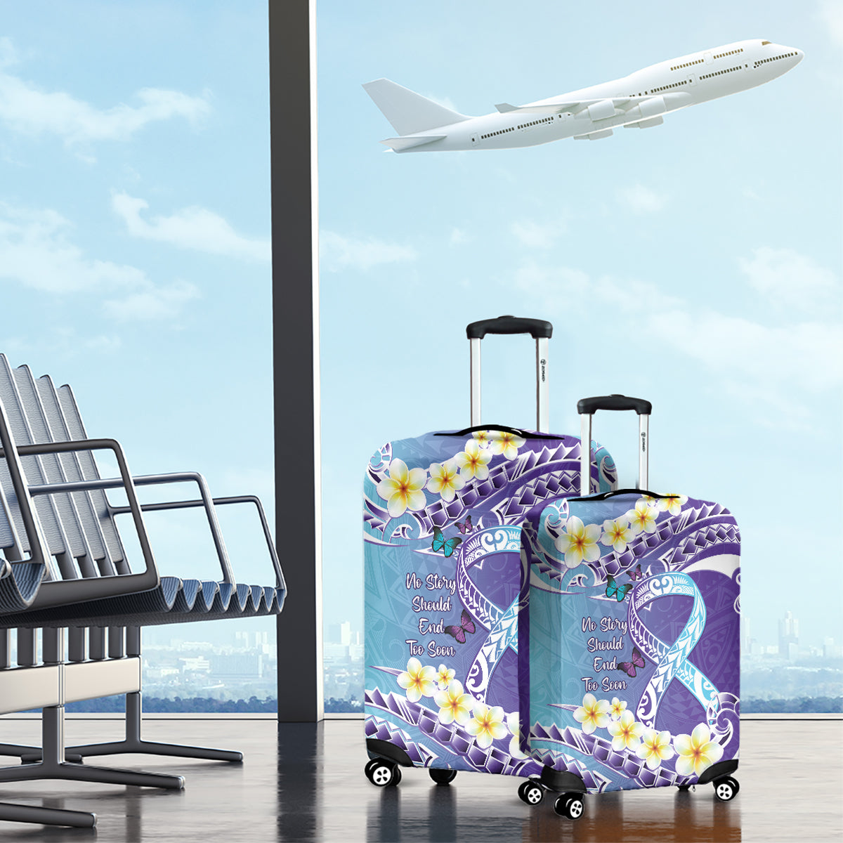 No Story Should End Too Soon Suicide Awareness Luggage Cover Purple And Teal Polynesian Ribbon LT14 - Polynesian Pride