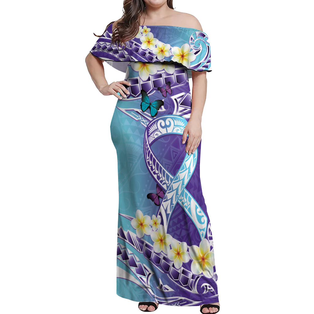 No Story Should End Too Soon Suicide Awareness Off Shoulder Maxi Dress Purple And Teal Polynesian Ribbon LT14 Women Purple - Polynesian Pride