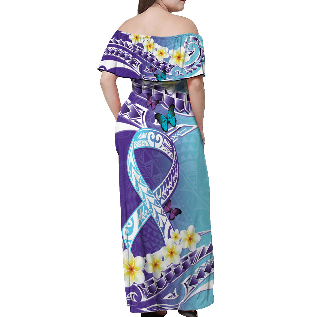 No Story Should End Too Soon Suicide Awareness Off Shoulder Maxi Dress Purple And Teal Polynesian Ribbon LT14 - Polynesian Pride