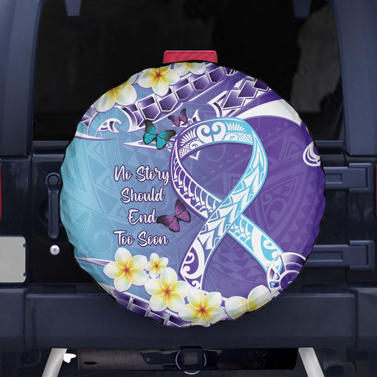 No Story Should End Too Soon Suicide Awareness Spare Tire Cover Purple And Teal Polynesian Ribbon LT14 - Polynesian Pride