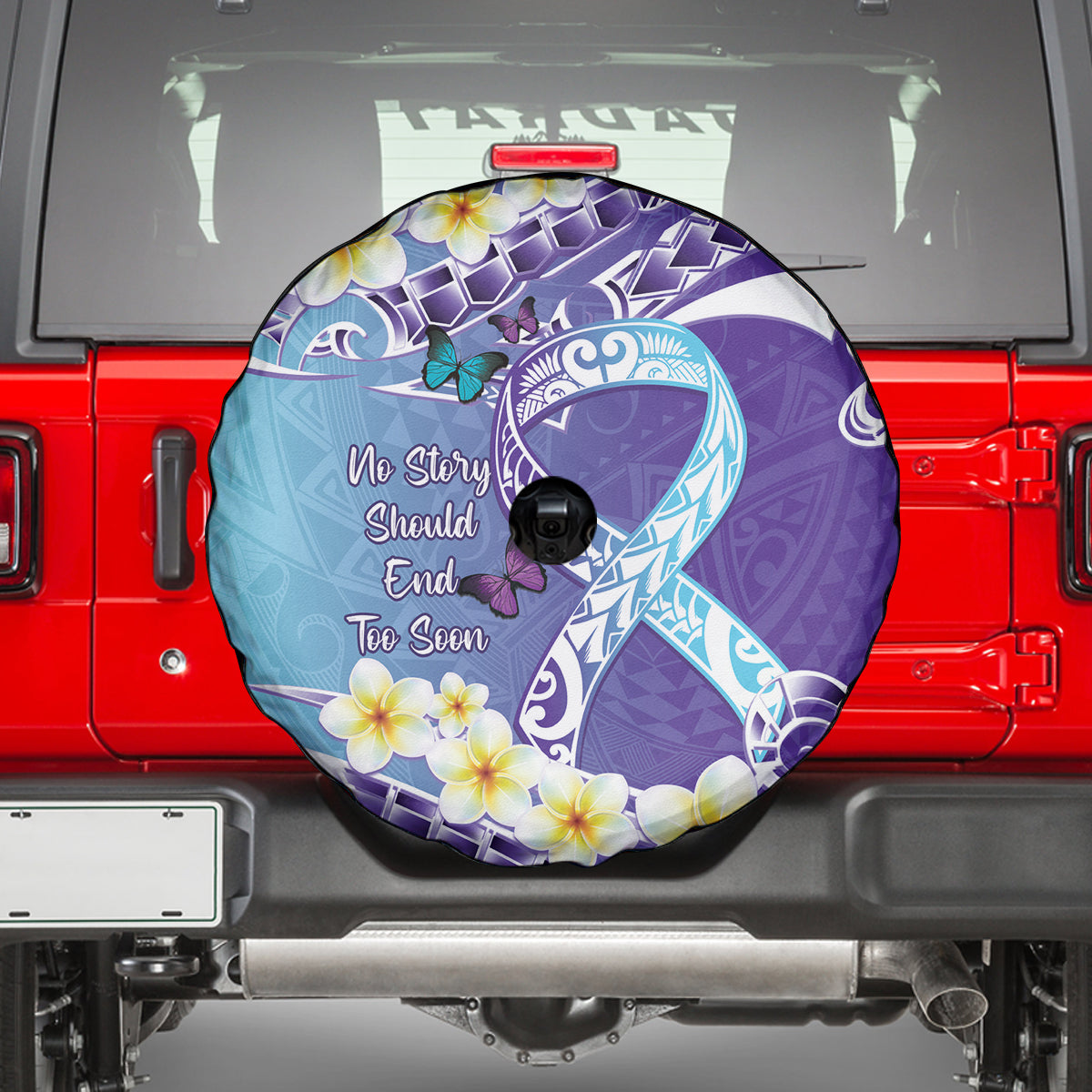 No Story Should End Too Soon Suicide Awareness Spare Tire Cover Purple And Teal Polynesian Ribbon LT14 - Polynesian Pride