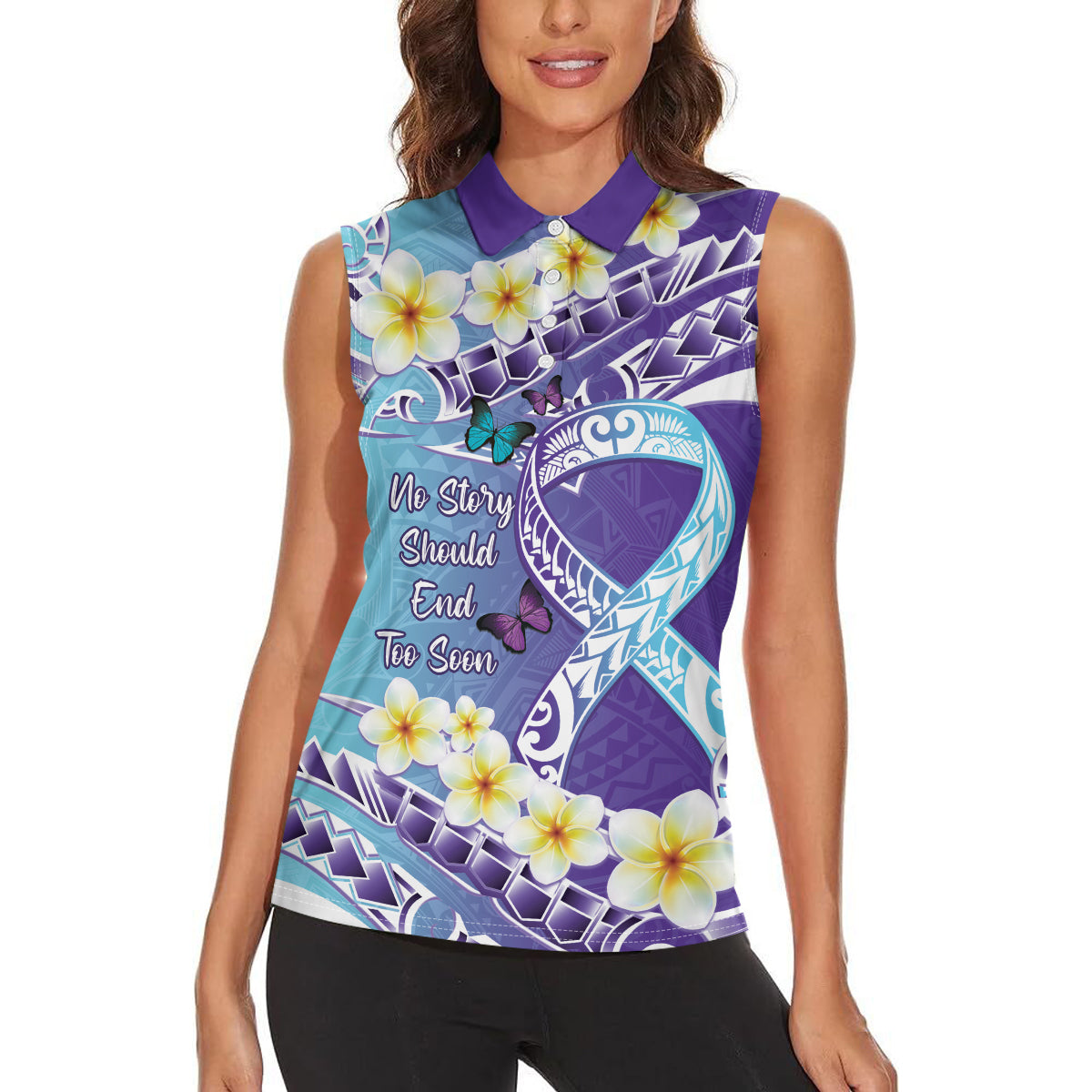 No Story Should End Too Soon Suicide Awareness Women Sleeveless Polo Shirt Purple And Teal Polynesian Ribbon LT14 - Polynesian Pride