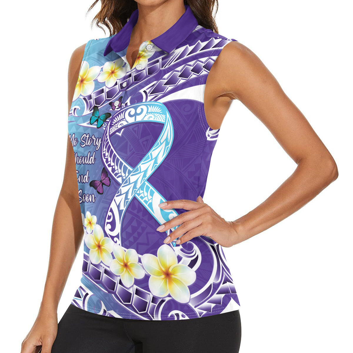 No Story Should End Too Soon Suicide Awareness Women Sleeveless Polo Shirt Purple And Teal Polynesian Ribbon LT14 - Polynesian Pride