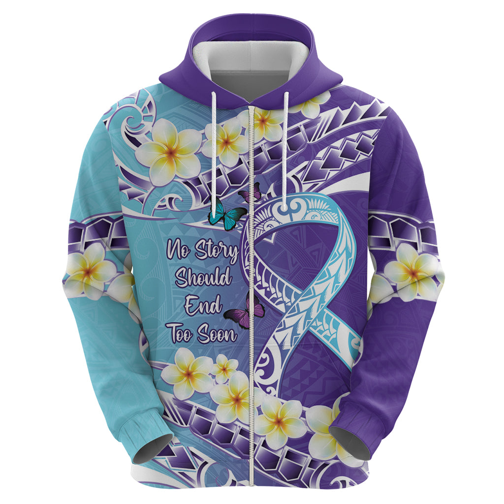 No Story Should End Too Soon Suicide Awareness Zip Hoodie Purple And Teal Polynesian Ribbon LT14 - Polynesian Pride