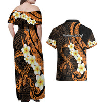 Liver Cancer Awareness Month Couples Matching Off Shoulder Maxi Dress and Hawaiian Shirt Awareness Is Key Orange Polynesian Ribbon LT14 - Polynesian Pride