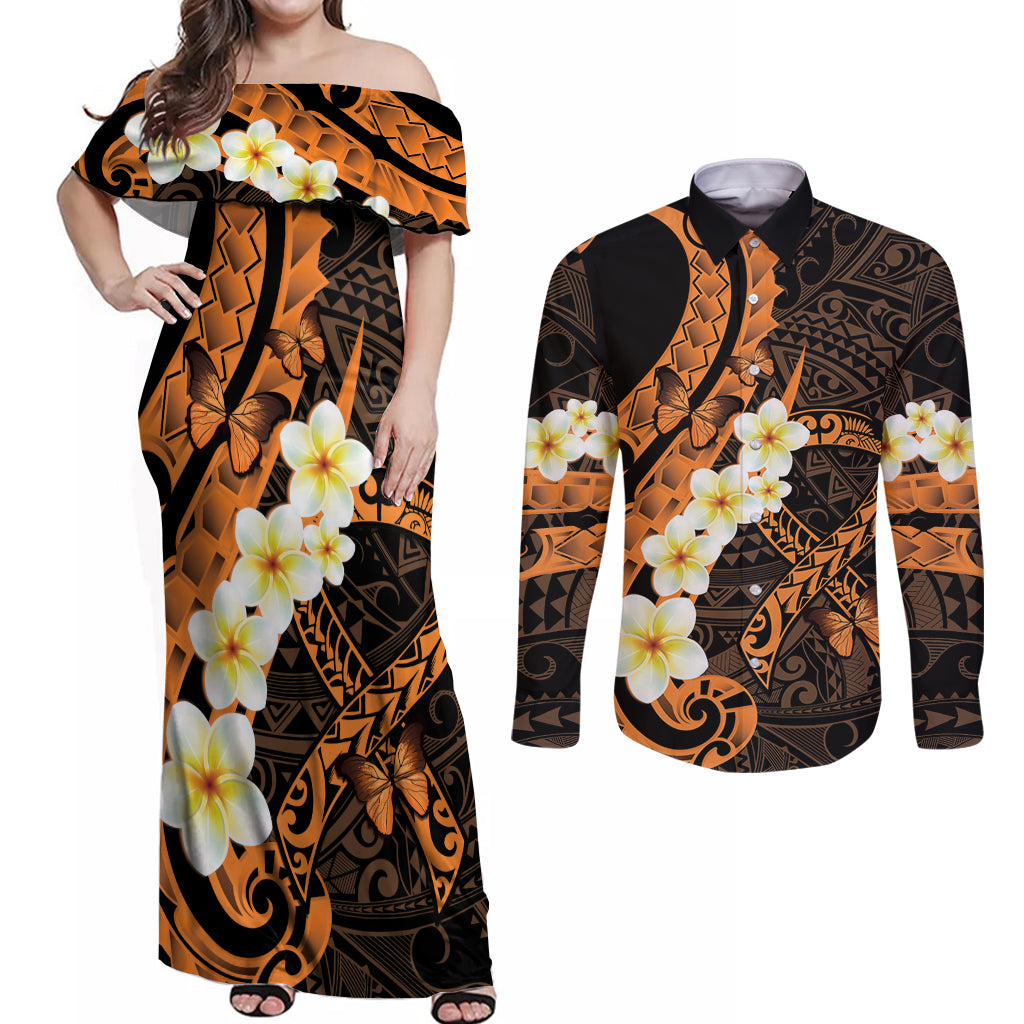 Liver Cancer Awareness Month Couples Matching Off Shoulder Maxi Dress and Long Sleeve Button Shirt Awareness Is Key Orange Polynesian Ribbon LT14 Orange - Polynesian Pride
