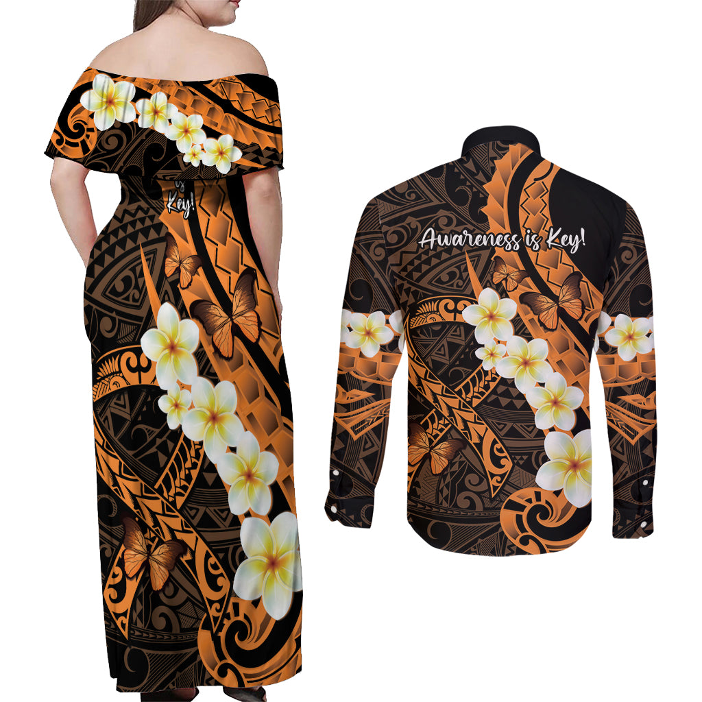 Liver Cancer Awareness Month Couples Matching Off Shoulder Maxi Dress and Long Sleeve Button Shirt Awareness Is Key Orange Polynesian Ribbon LT14 - Polynesian Pride