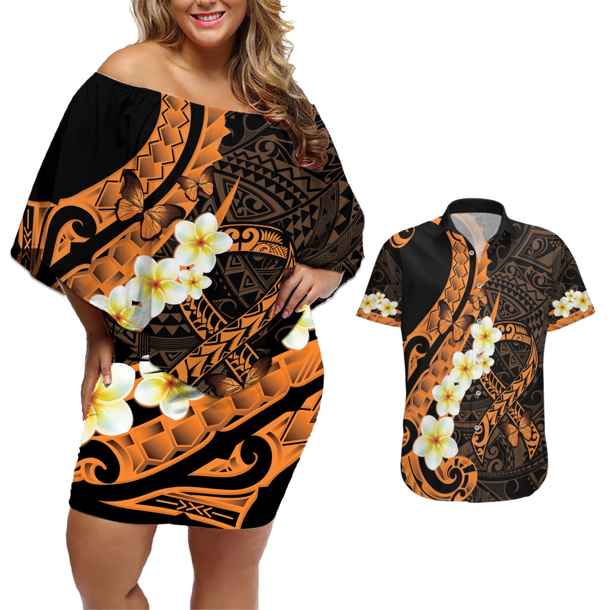Liver Cancer Awareness Month Couples Matching Off Shoulder Short Dress and Hawaiian Shirt Awareness Is Key Orange Polynesian Ribbon LT14 Orange - Polynesian Pride