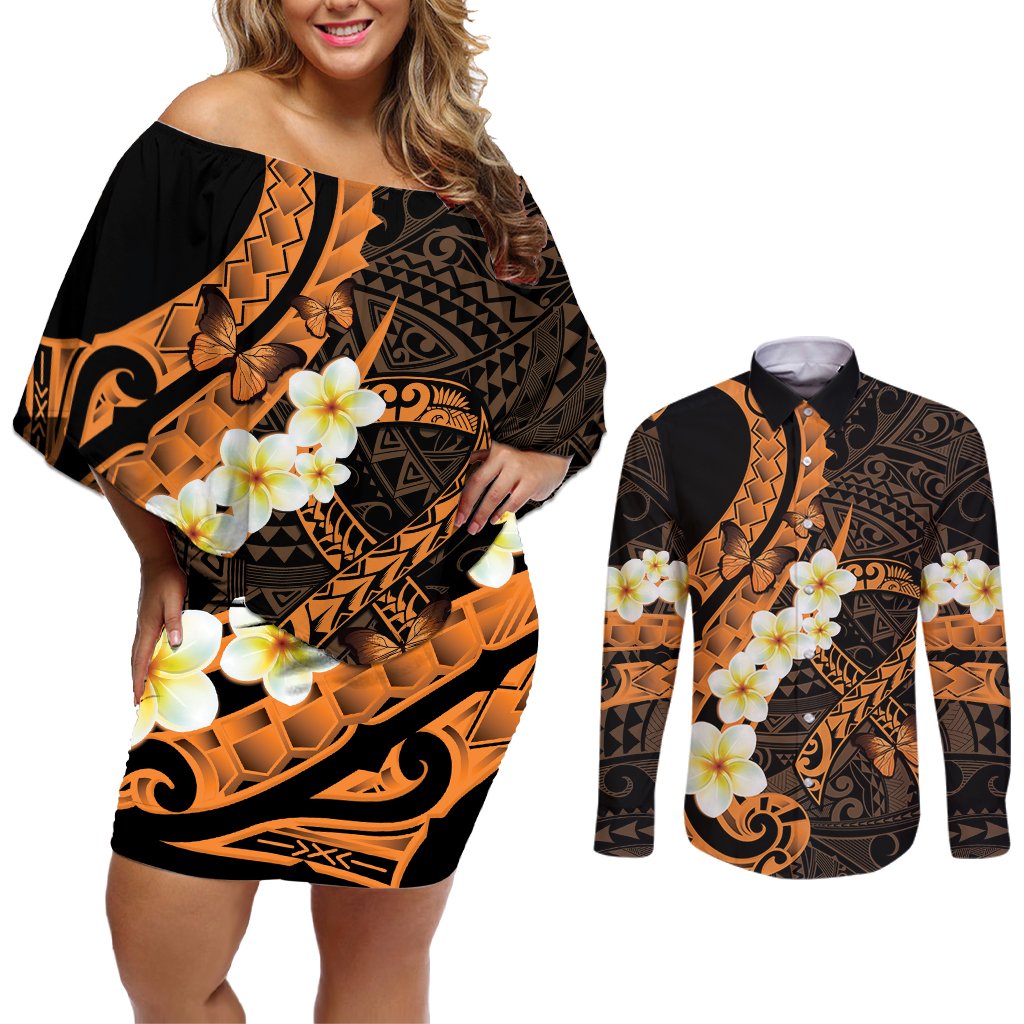 Liver Cancer Awareness Month Couples Matching Off Shoulder Short Dress and Long Sleeve Button Shirt Awareness Is Key Orange Polynesian Ribbon LT14 Orange - Polynesian Pride
