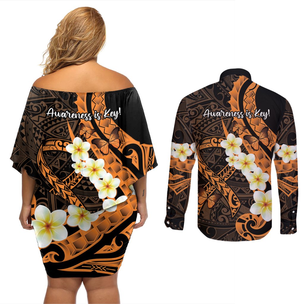 Liver Cancer Awareness Month Couples Matching Off Shoulder Short Dress and Long Sleeve Button Shirt Awareness Is Key Orange Polynesian Ribbon LT14 - Polynesian Pride