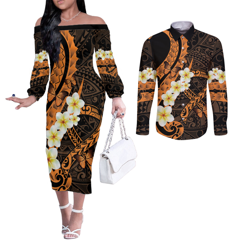Liver Cancer Awareness Month Couples Matching Off The Shoulder Long Sleeve Dress and Long Sleeve Button Shirt Awareness Is Key Orange Polynesian Ribbon LT14 Orange - Polynesian Pride