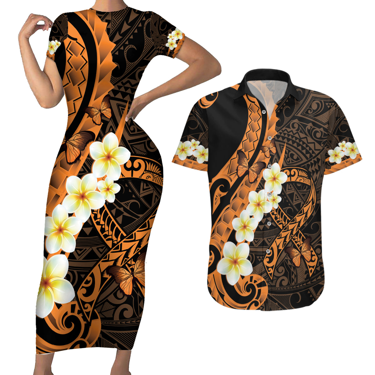 Liver Cancer Awareness Month Couples Matching Short Sleeve Bodycon Dress and Hawaiian Shirt Awareness Is Key Orange Polynesian Ribbon LT14 Orange - Polynesian Pride