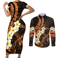 Liver Cancer Awareness Month Couples Matching Short Sleeve Bodycon Dress and Long Sleeve Button Shirt Awareness Is Key Orange Polynesian Ribbon LT14 Orange - Polynesian Pride