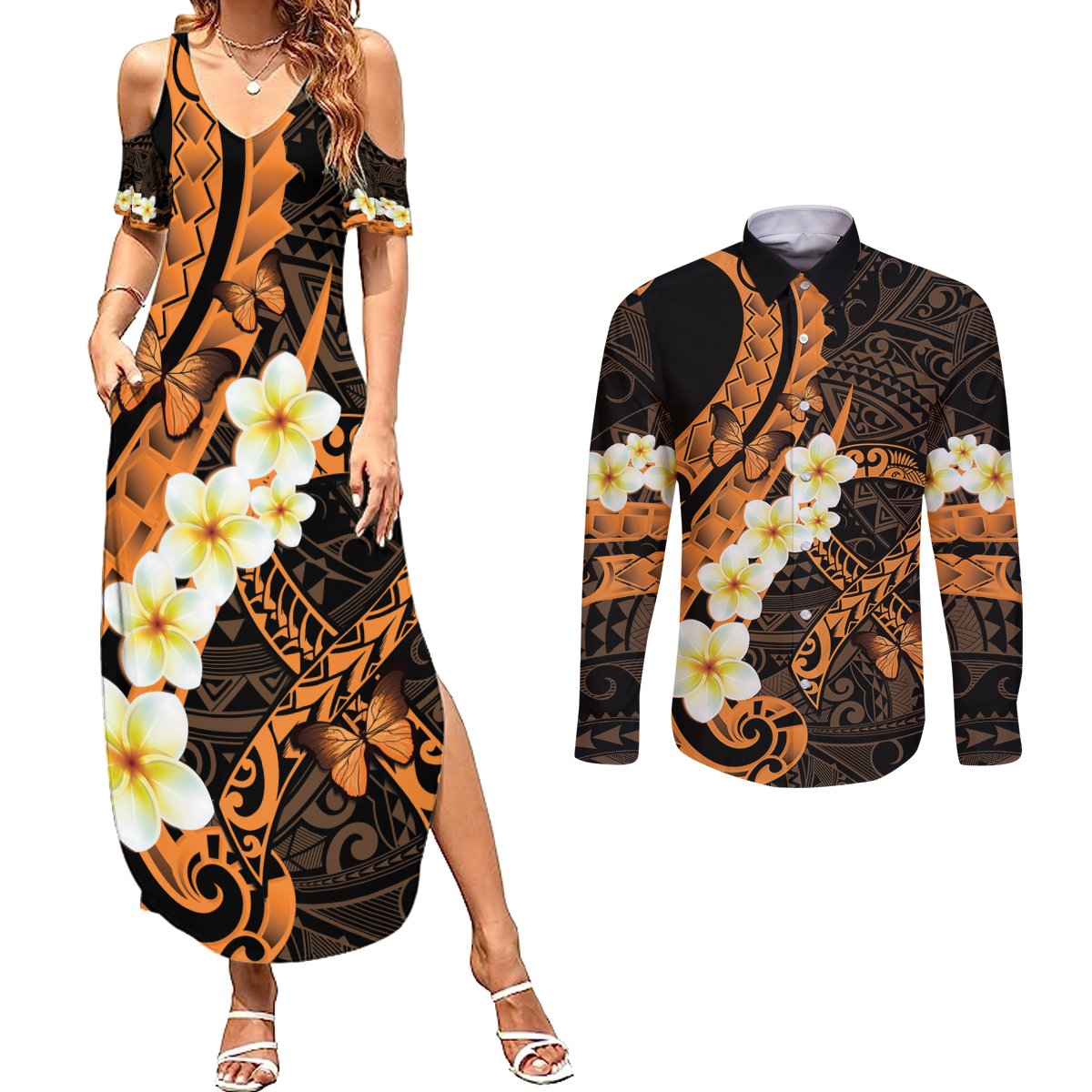 Liver Cancer Awareness Month Couples Matching Summer Maxi Dress and Long Sleeve Button Shirt Awareness Is Key Orange Polynesian Ribbon LT14 Orange - Polynesian Pride