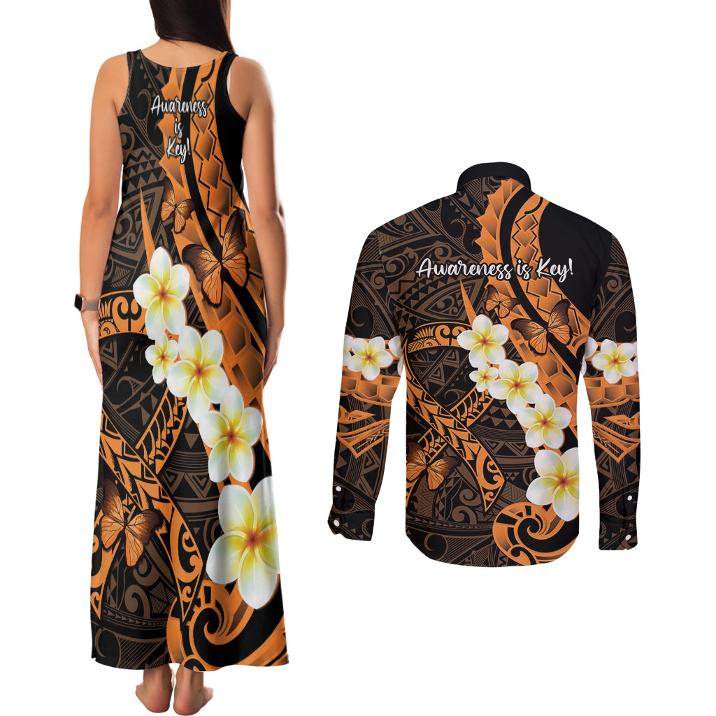 Liver Cancer Awareness Month Couples Matching Tank Maxi Dress and Long Sleeve Button Shirt Awareness Is Key Orange Polynesian Ribbon LT14 - Polynesian Pride