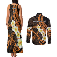 Liver Cancer Awareness Month Couples Matching Tank Maxi Dress and Long Sleeve Button Shirt Awareness Is Key Orange Polynesian Ribbon LT14 - Polynesian Pride