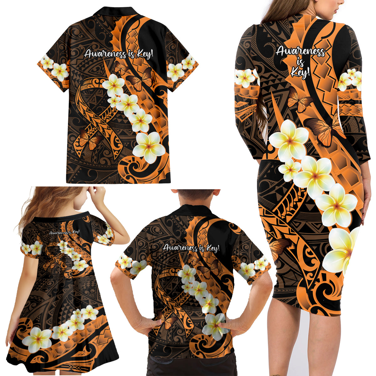 Liver Cancer Awareness Month Family Matching Long Sleeve Bodycon Dress and Hawaiian Shirt Awareness Is Key Orange Polynesian Ribbon LT14 - Polynesian Pride