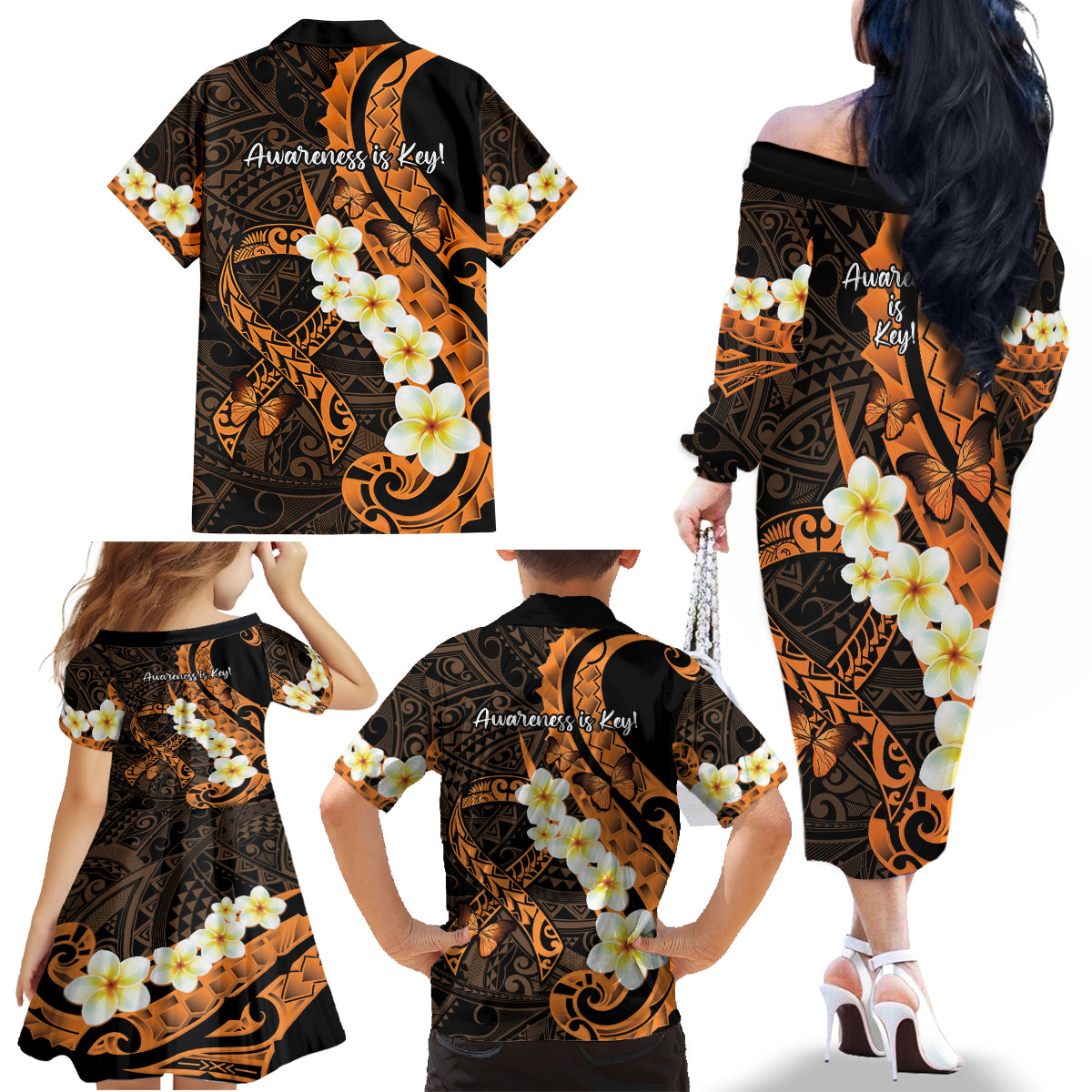 Liver Cancer Awareness Month Family Matching Off The Shoulder Long Sleeve Dress and Hawaiian Shirt Awareness Is Key Orange Polynesian Ribbon LT14 - Polynesian Pride