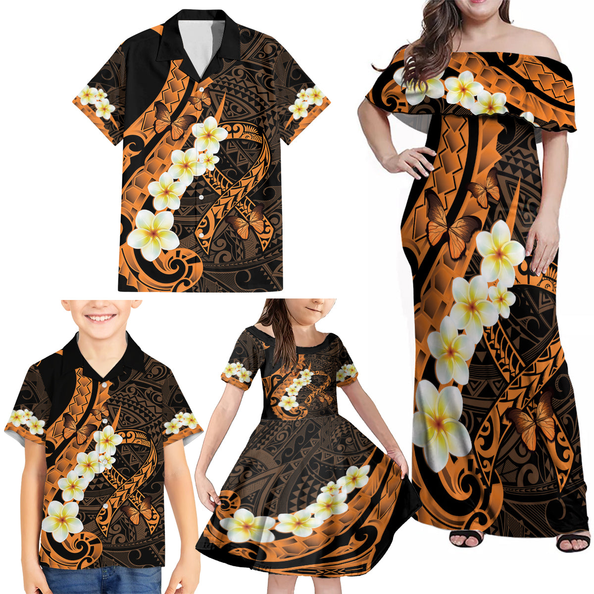 Liver Cancer Awareness Month Family Matching Off Shoulder Maxi Dress and Hawaiian Shirt Awareness Is Key Orange Polynesian Ribbon LT14 - Polynesian Pride