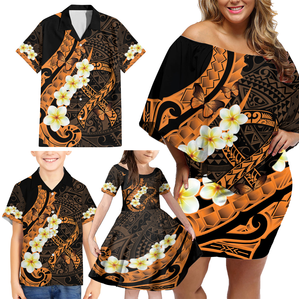 Liver Cancer Awareness Month Family Matching Off Shoulder Short Dress and Hawaiian Shirt Awareness Is Key Orange Polynesian Ribbon LT14 - Polynesian Pride