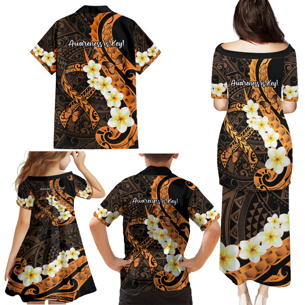 Liver Cancer Awareness Month Family Matching Puletasi and Hawaiian Shirt Awareness Is Key Orange Polynesian Ribbon LT14 - Polynesian Pride