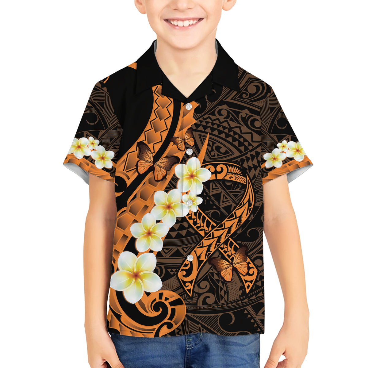 Liver Cancer Awareness Month Family Matching Short Sleeve Bodycon Dress and Hawaiian Shirt Awareness Is Key Orange Polynesian Ribbon LT14 Son's Shirt Orange - Polynesian Pride