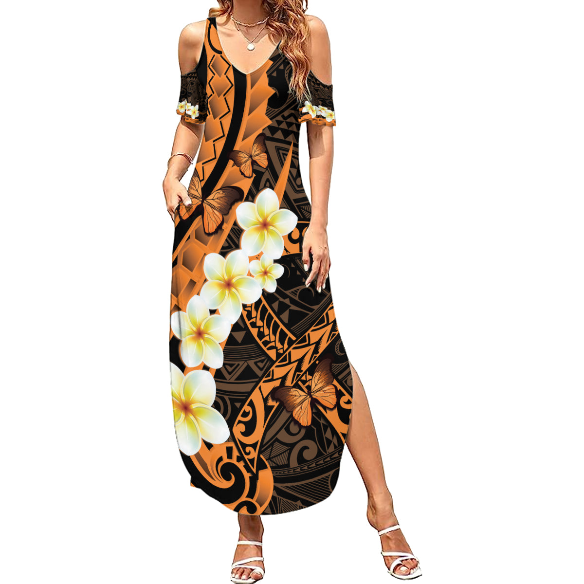 Liver Cancer Awareness Month Family Matching Summer Maxi Dress and Hawaiian Shirt Awareness Is Key Orange Polynesian Ribbon LT14 Mom's Dress Orange - Polynesian Pride
