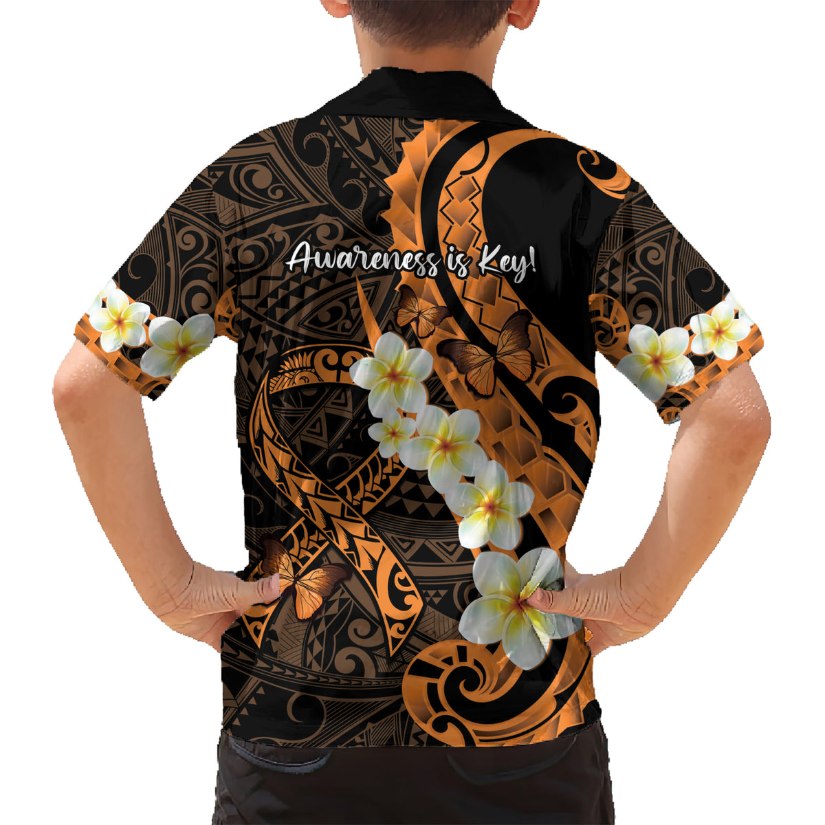 Liver Cancer Awareness Month Kid Hawaiian Shirt Awareness Is Key Orange Polynesian Ribbon LT14 - Polynesian Pride