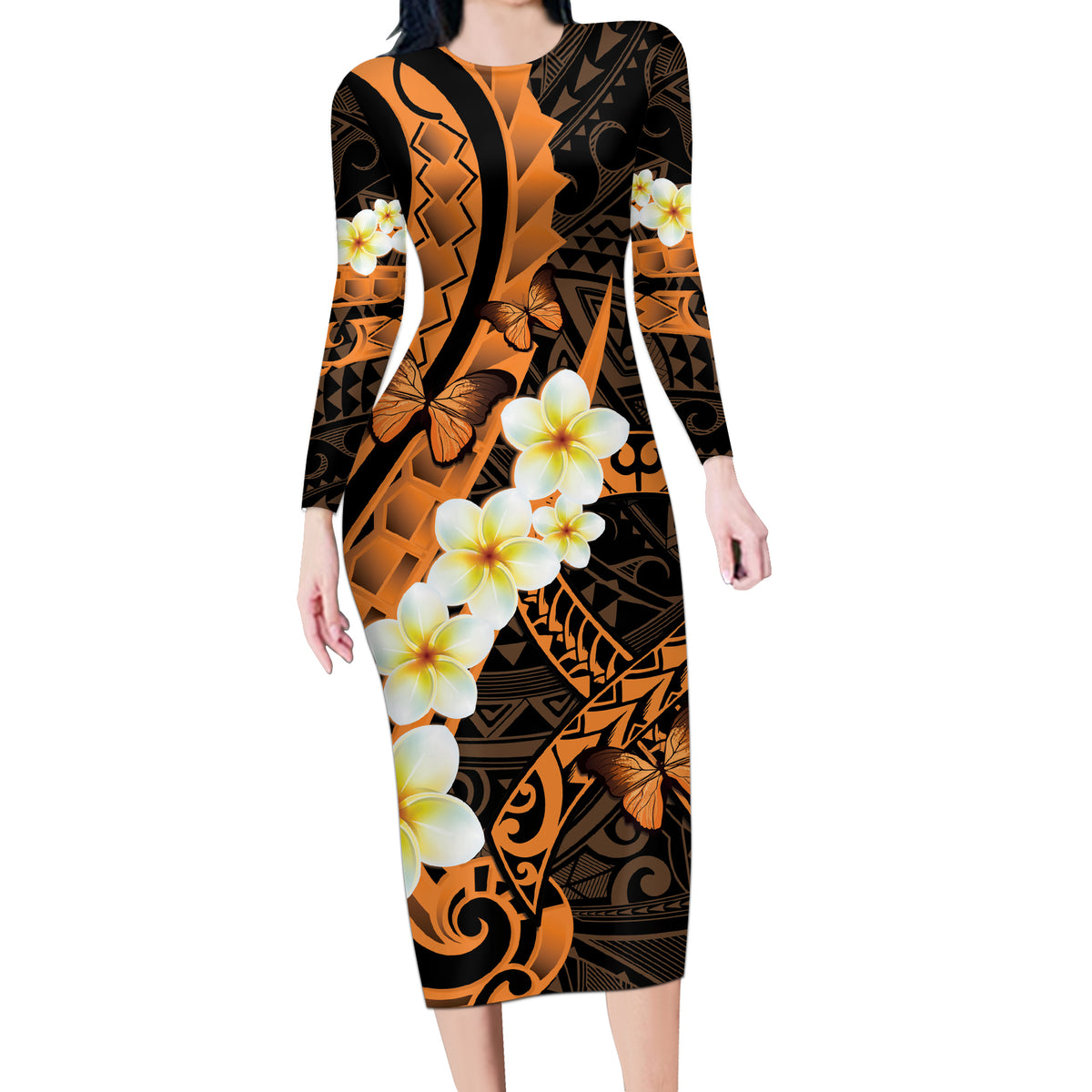 Liver Cancer Awareness Month Long Sleeve Bodycon Dress Awareness Is Key Orange Polynesian Ribbon LT14 Long Dress Orange - Polynesian Pride