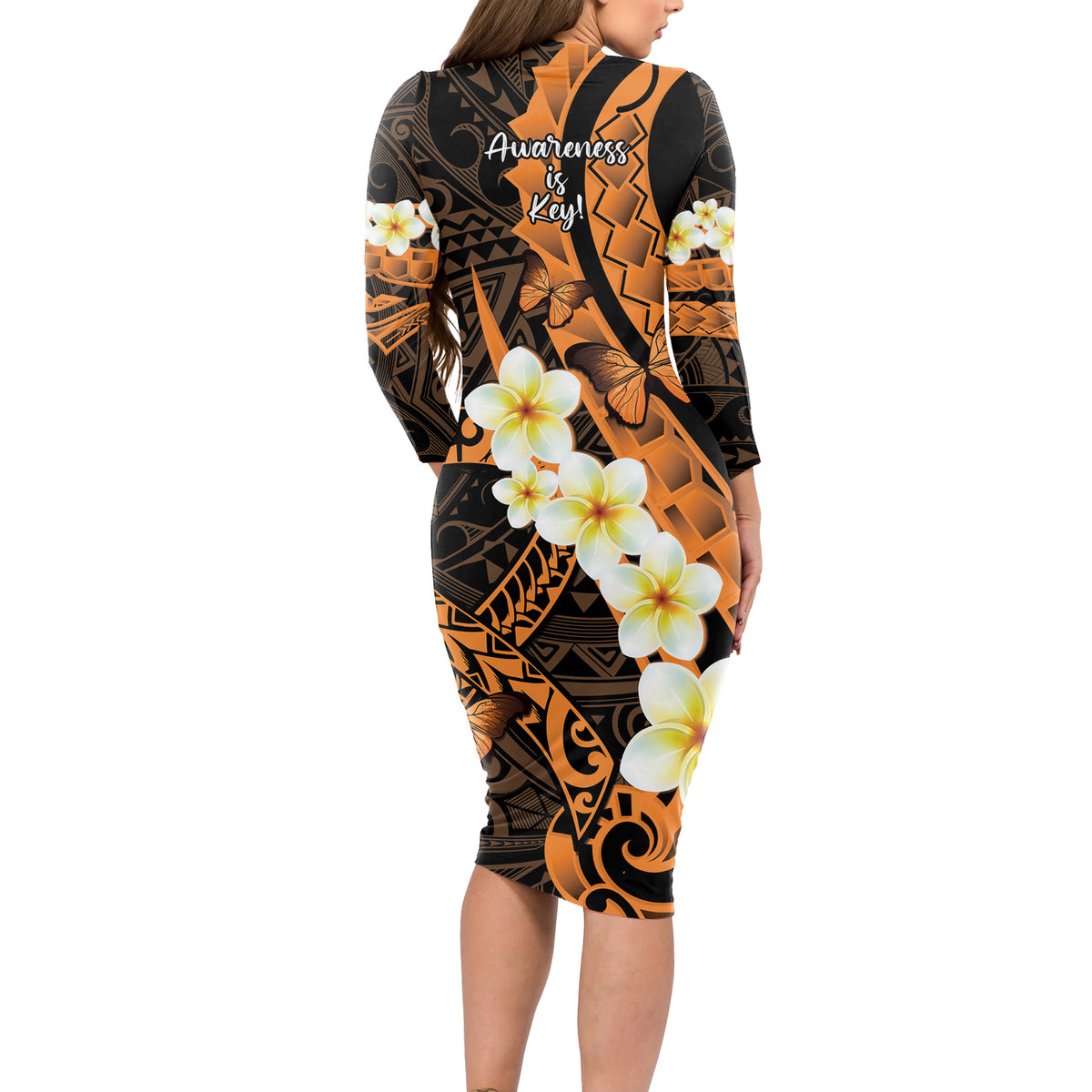 Liver Cancer Awareness Month Long Sleeve Bodycon Dress Awareness Is Key Orange Polynesian Ribbon LT14 - Polynesian Pride
