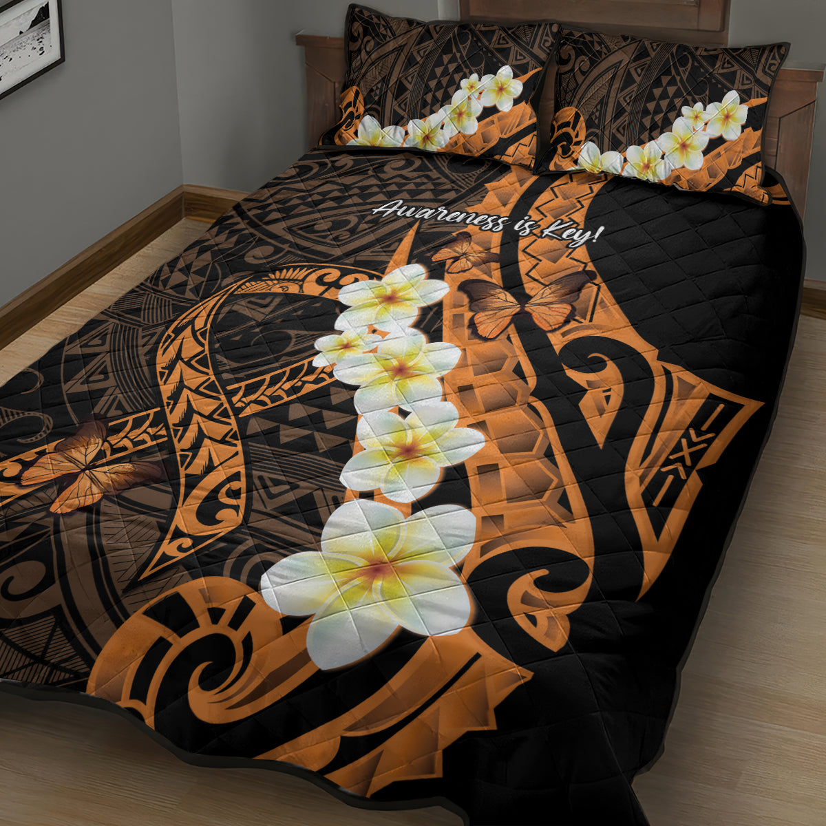 Liver Cancer Awareness Month Quilt Bed Set Awareness Is Key Orange Polynesian Ribbon