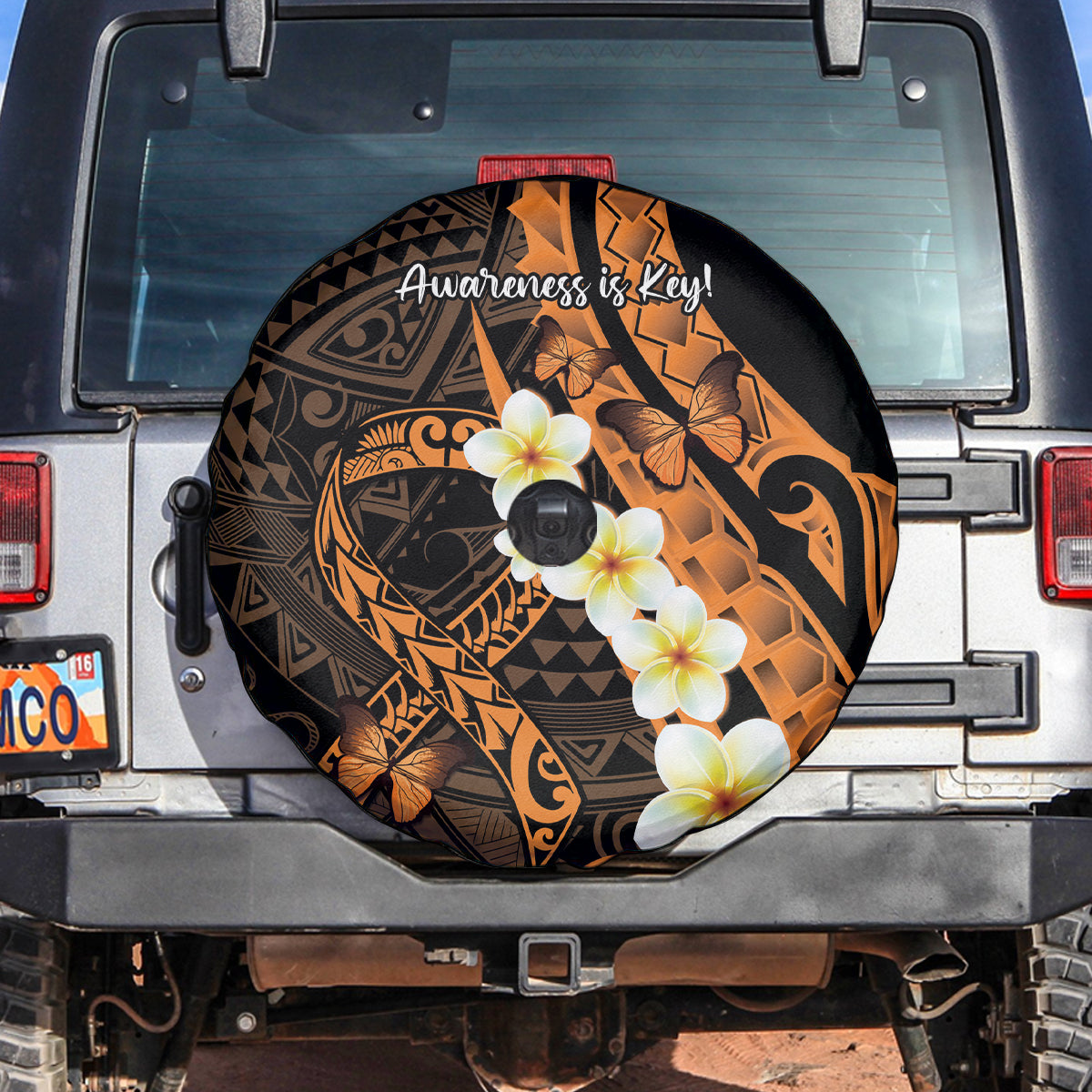 Liver Cancer Awareness Month Spare Tire Cover Awareness Is Key Orange Polynesian Ribbon LT14 Orange - Polynesian Pride