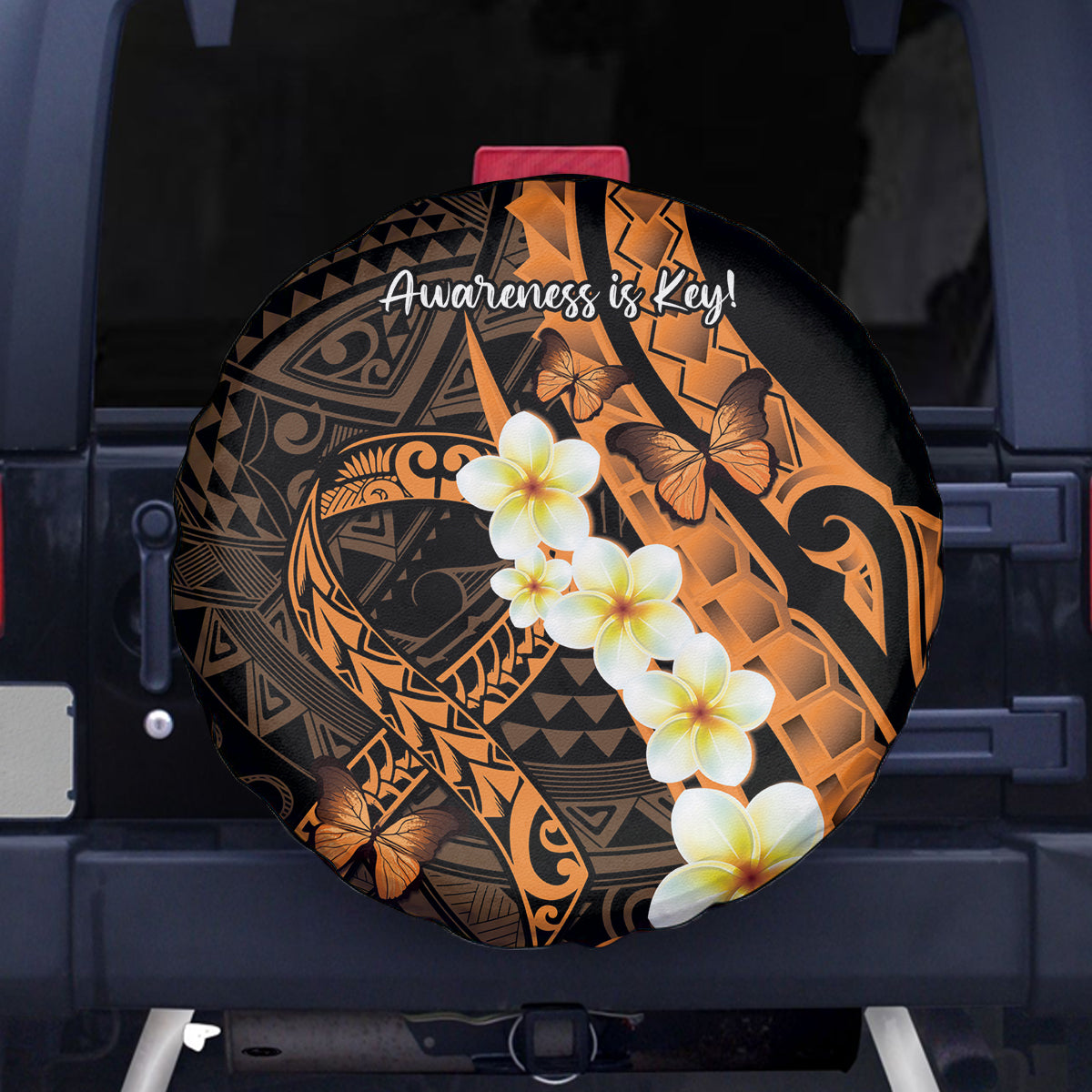 Liver Cancer Awareness Month Spare Tire Cover Awareness Is Key Orange Polynesian Ribbon LT14 - Polynesian Pride