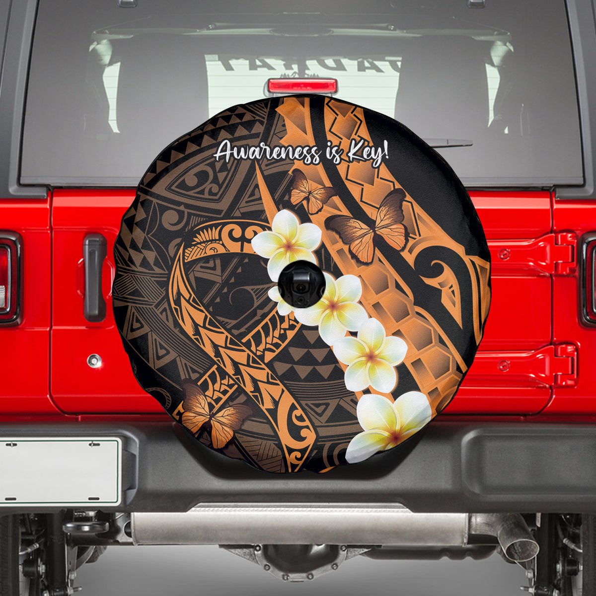 Liver Cancer Awareness Month Spare Tire Cover Awareness Is Key Orange Polynesian Ribbon LT14 - Polynesian Pride