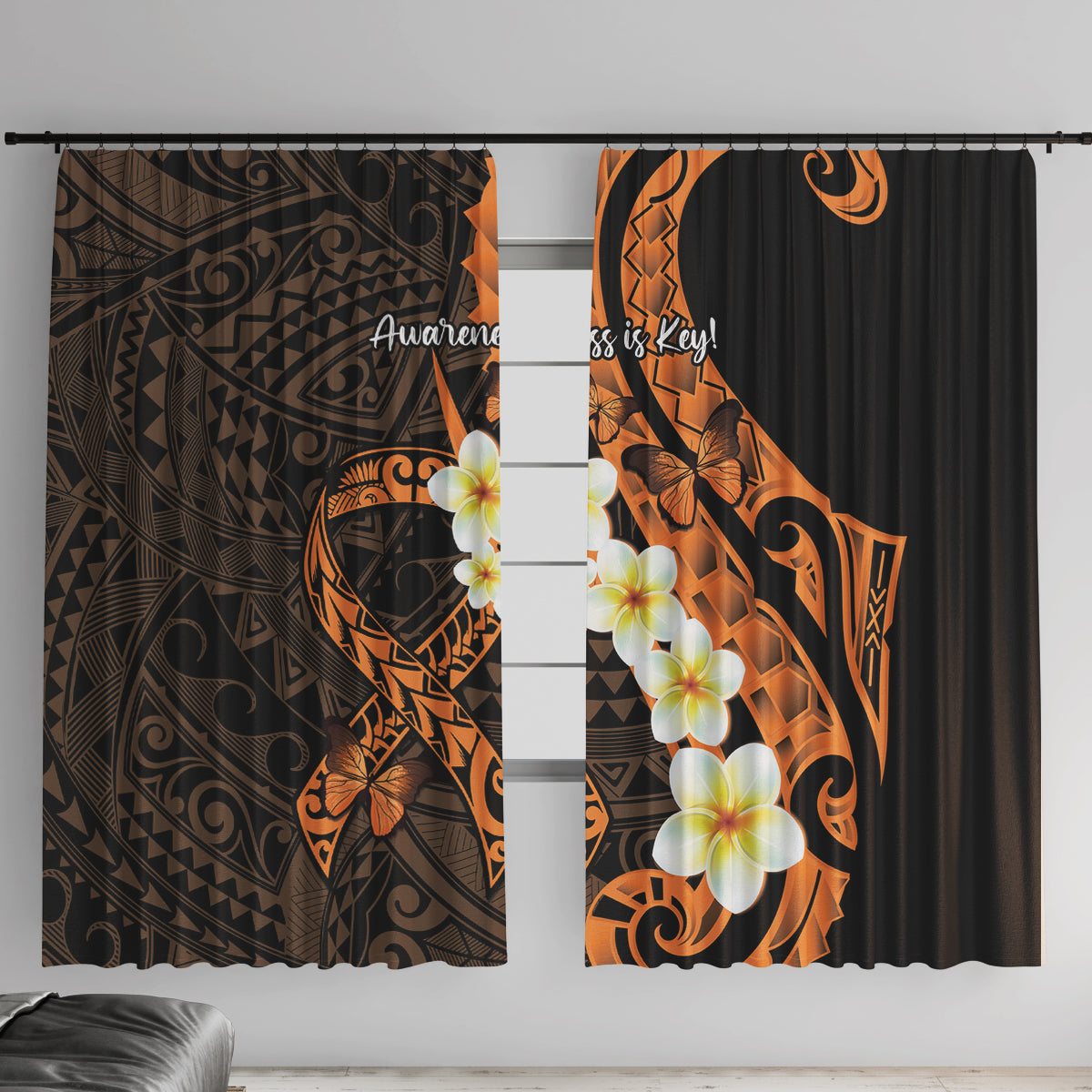 Liver Cancer Awareness Month Window Curtain Awareness Is Key Orange Polynesian Ribbon LT14 With Hooks Orange - Polynesian Pride