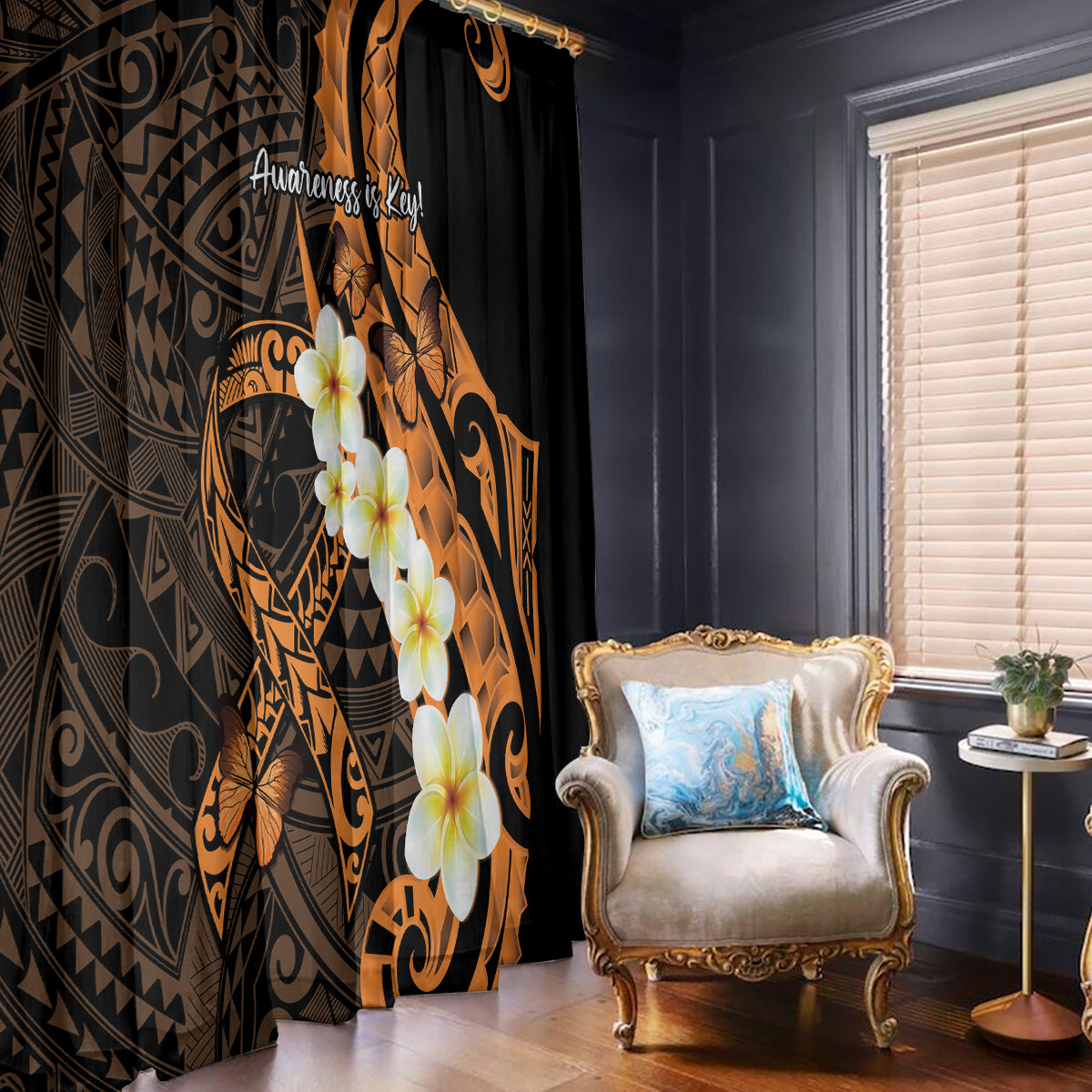 Liver Cancer Awareness Month Window Curtain Awareness Is Key Orange Polynesian Ribbon LT14 - Polynesian Pride