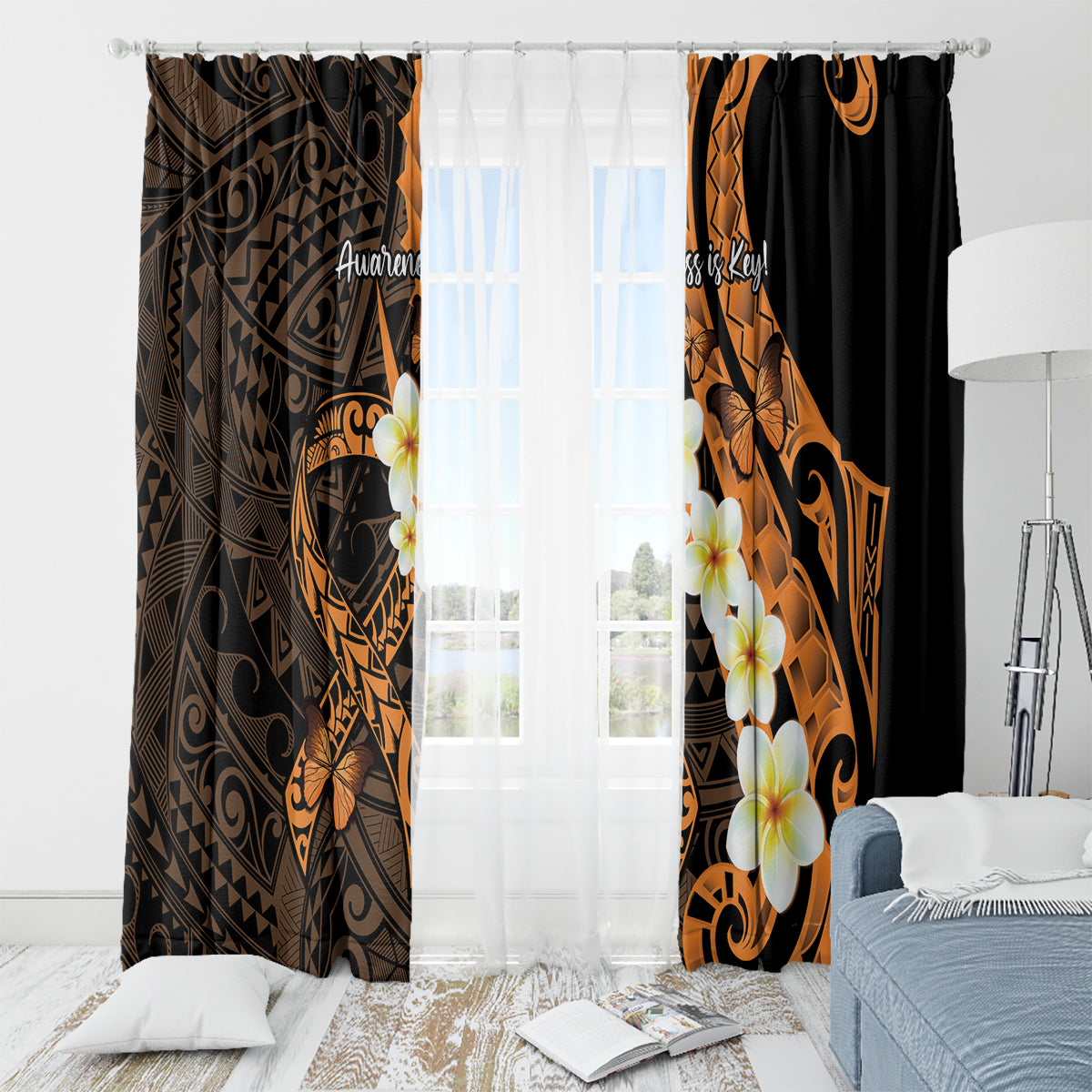 Liver Cancer Awareness Month Window Curtain Awareness Is Key Orange Polynesian Ribbon LT14 - Polynesian Pride