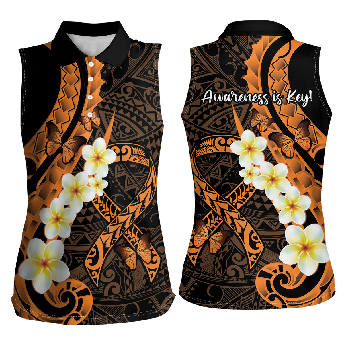 Liver Cancer Awareness Month Women Sleeveless Polo Shirt Awareness Is Key Orange Polynesian Ribbon LT14 - Polynesian Pride