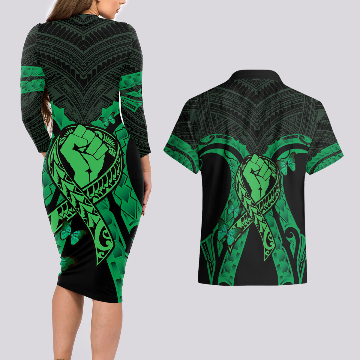 ADHD Awareness Month You Matter Couples Matching Long Sleeve Bodycon Dress and Hawaiian Shirt Green Polynesian Ribbon LT14 - Polynesian Pride