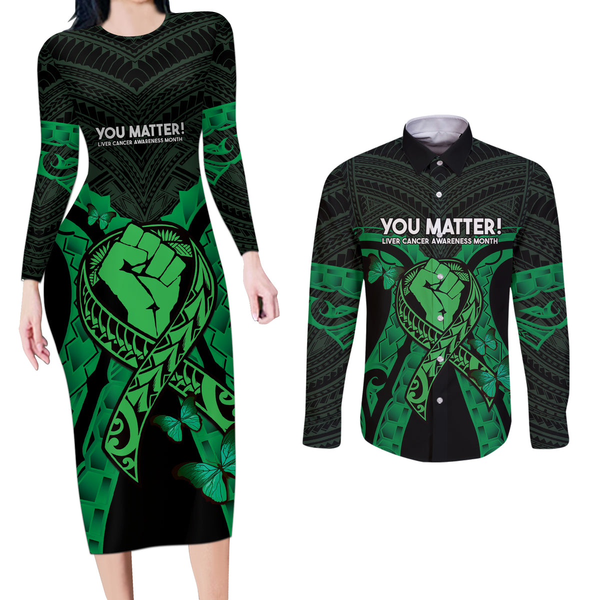 ADHD Awareness Month You Matter Couples Matching Long Sleeve Bodycon Dress and Long Sleeve Button Shirt Green Polynesian Ribbon LT14 Green - Polynesian Pride