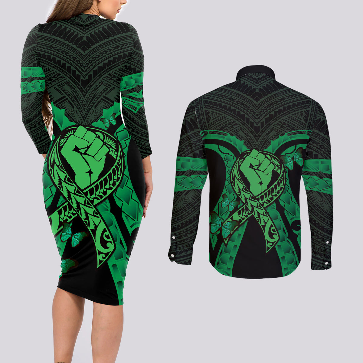 ADHD Awareness Month You Matter Couples Matching Long Sleeve Bodycon Dress and Long Sleeve Button Shirt Green Polynesian Ribbon LT14 - Polynesian Pride