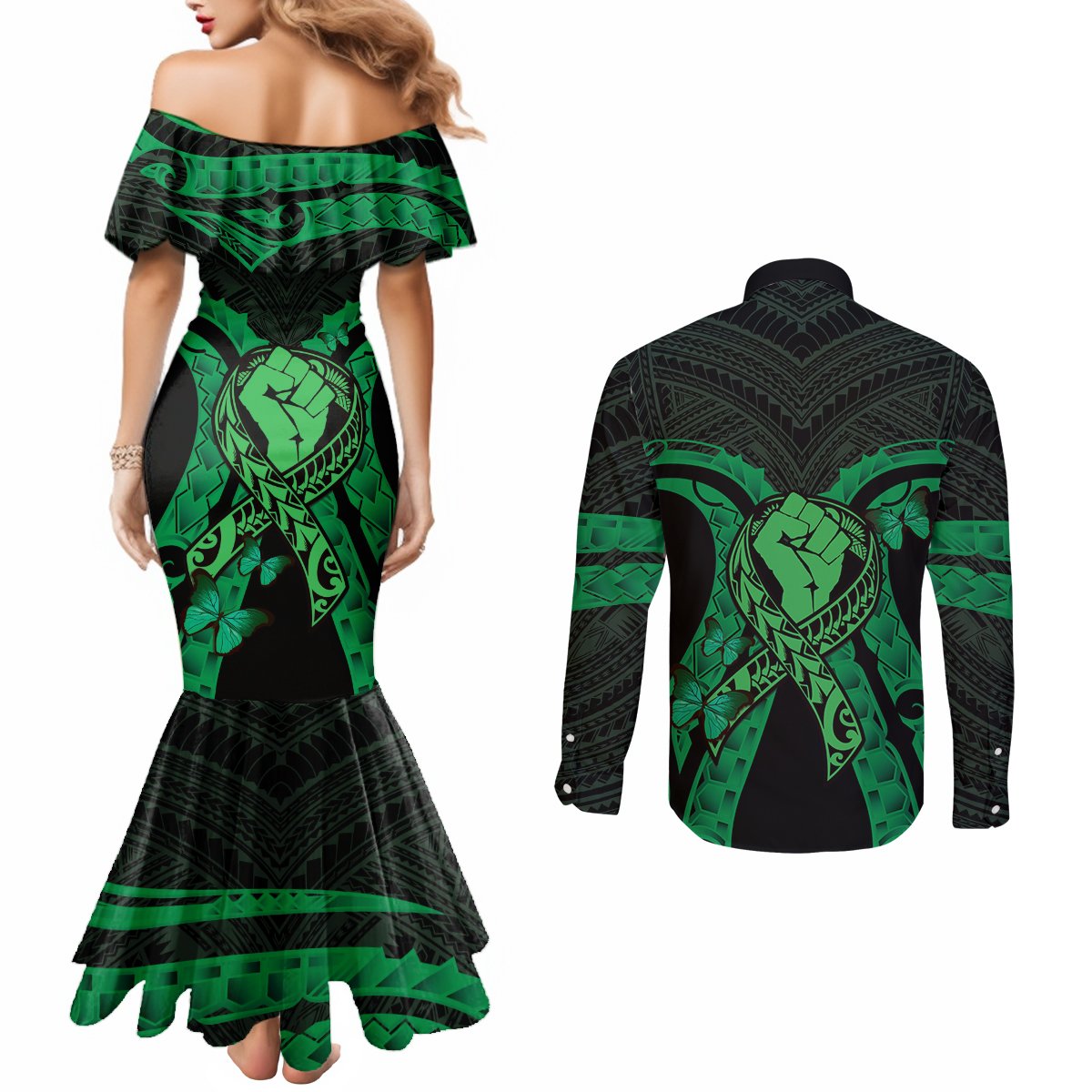 ADHD Awareness Month You Matter Couples Matching Mermaid Dress and Long Sleeve Button Shirt Green Polynesian Ribbon LT14 - Polynesian Pride