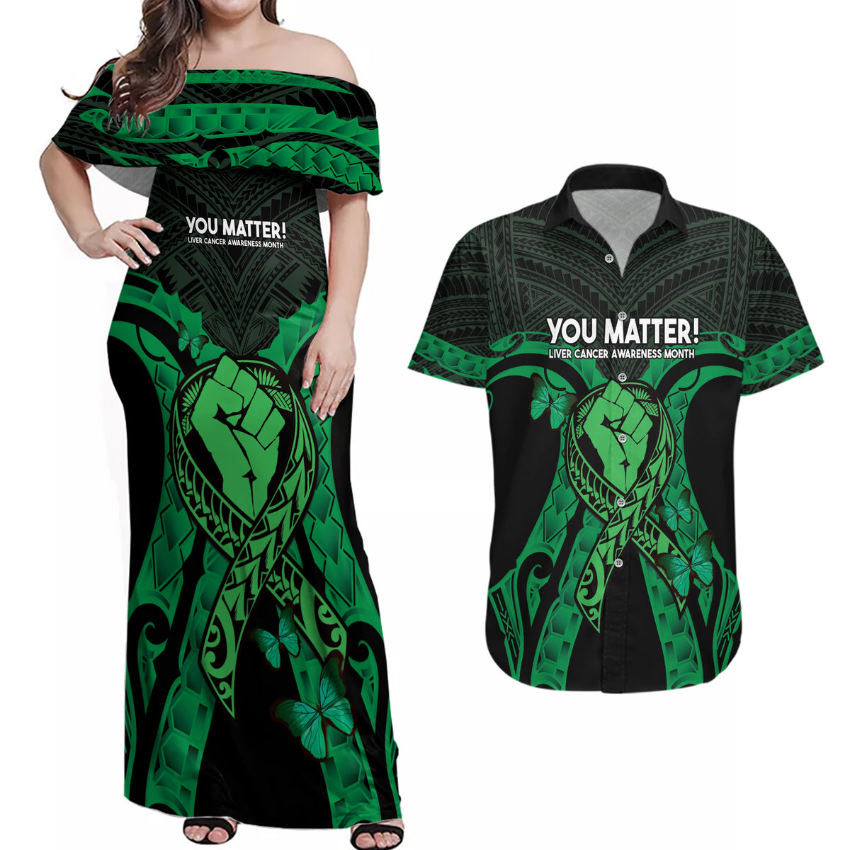 ADHD Awareness Month You Matter Couples Matching Off Shoulder Maxi Dress and Hawaiian Shirt Green Polynesian Ribbon LT14 Green - Polynesian Pride