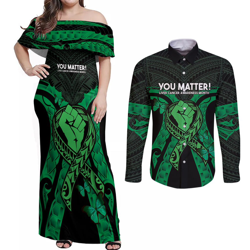 ADHD Awareness Month You Matter Couples Matching Off Shoulder Maxi Dress and Long Sleeve Button Shirt Green Polynesian Ribbon LT14 Green - Polynesian Pride