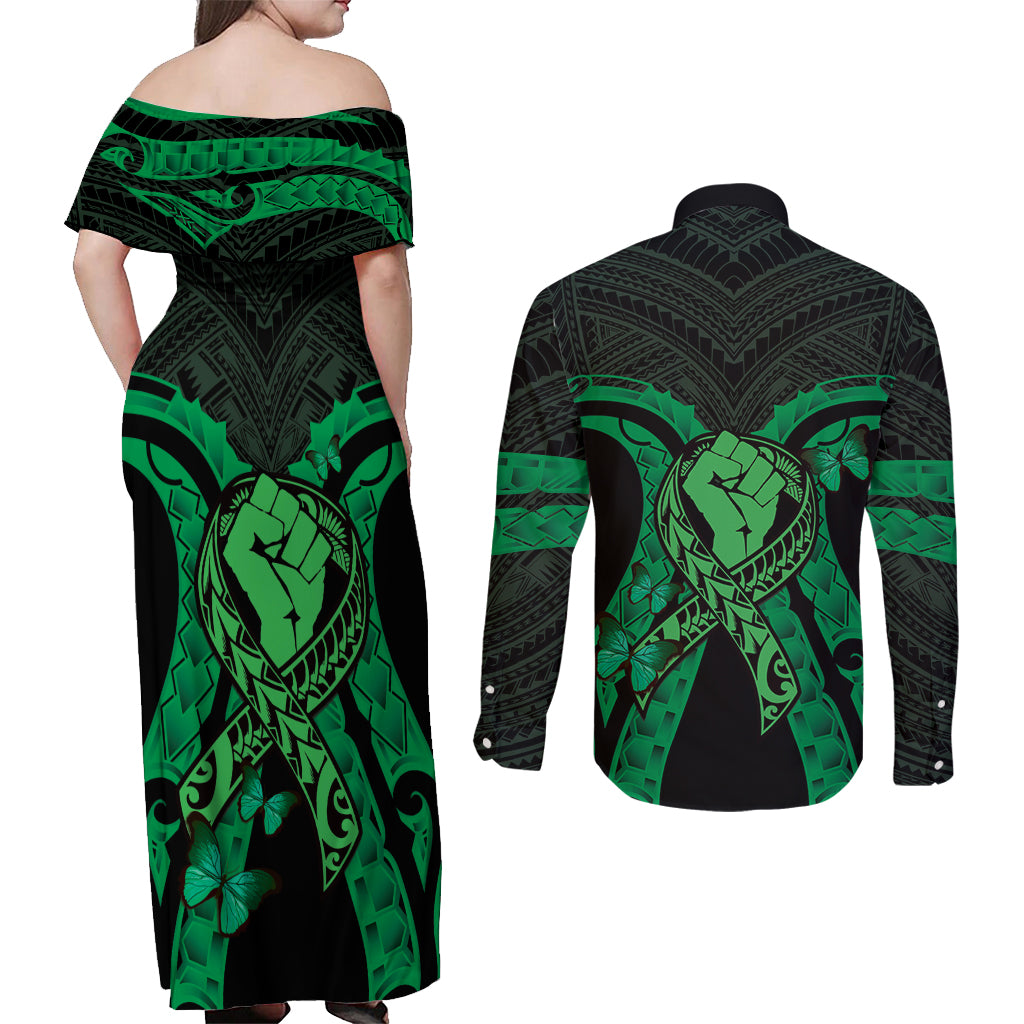 ADHD Awareness Month You Matter Couples Matching Off Shoulder Maxi Dress and Long Sleeve Button Shirt Green Polynesian Ribbon LT14 - Polynesian Pride