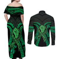 ADHD Awareness Month You Matter Couples Matching Off Shoulder Maxi Dress and Long Sleeve Button Shirt Green Polynesian Ribbon LT14 - Polynesian Pride
