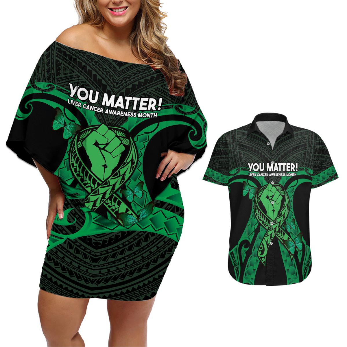 ADHD Awareness Month You Matter Couples Matching Off Shoulder Short Dress and Hawaiian Shirt Green Polynesian Ribbon LT14 Green - Polynesian Pride