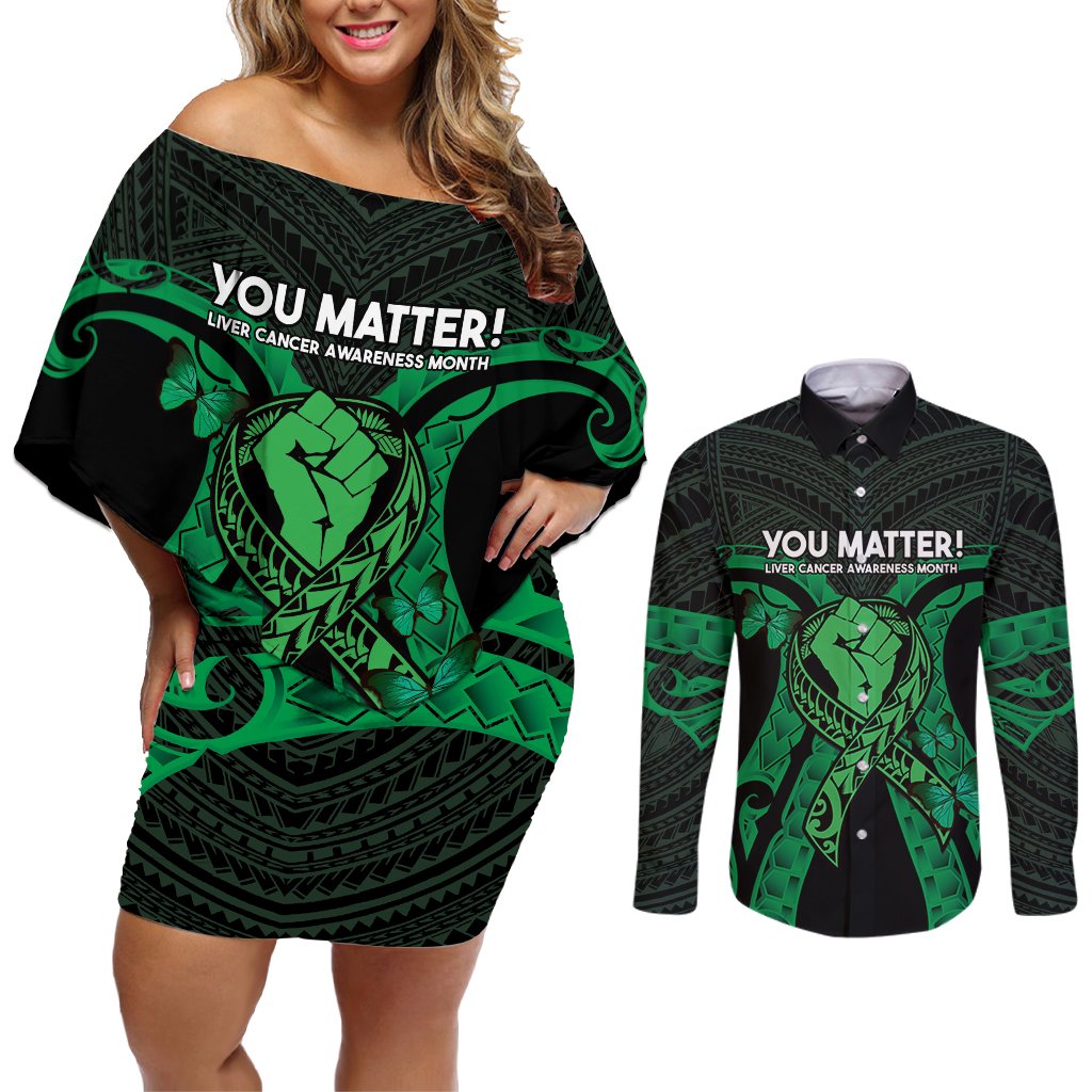 ADHD Awareness Month You Matter Couples Matching Off Shoulder Short Dress and Long Sleeve Button Shirt Green Polynesian Ribbon LT14 Green - Polynesian Pride