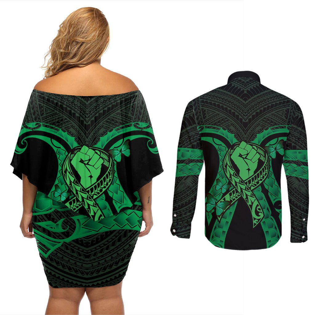 ADHD Awareness Month You Matter Couples Matching Off Shoulder Short Dress and Long Sleeve Button Shirt Green Polynesian Ribbon LT14 - Polynesian Pride