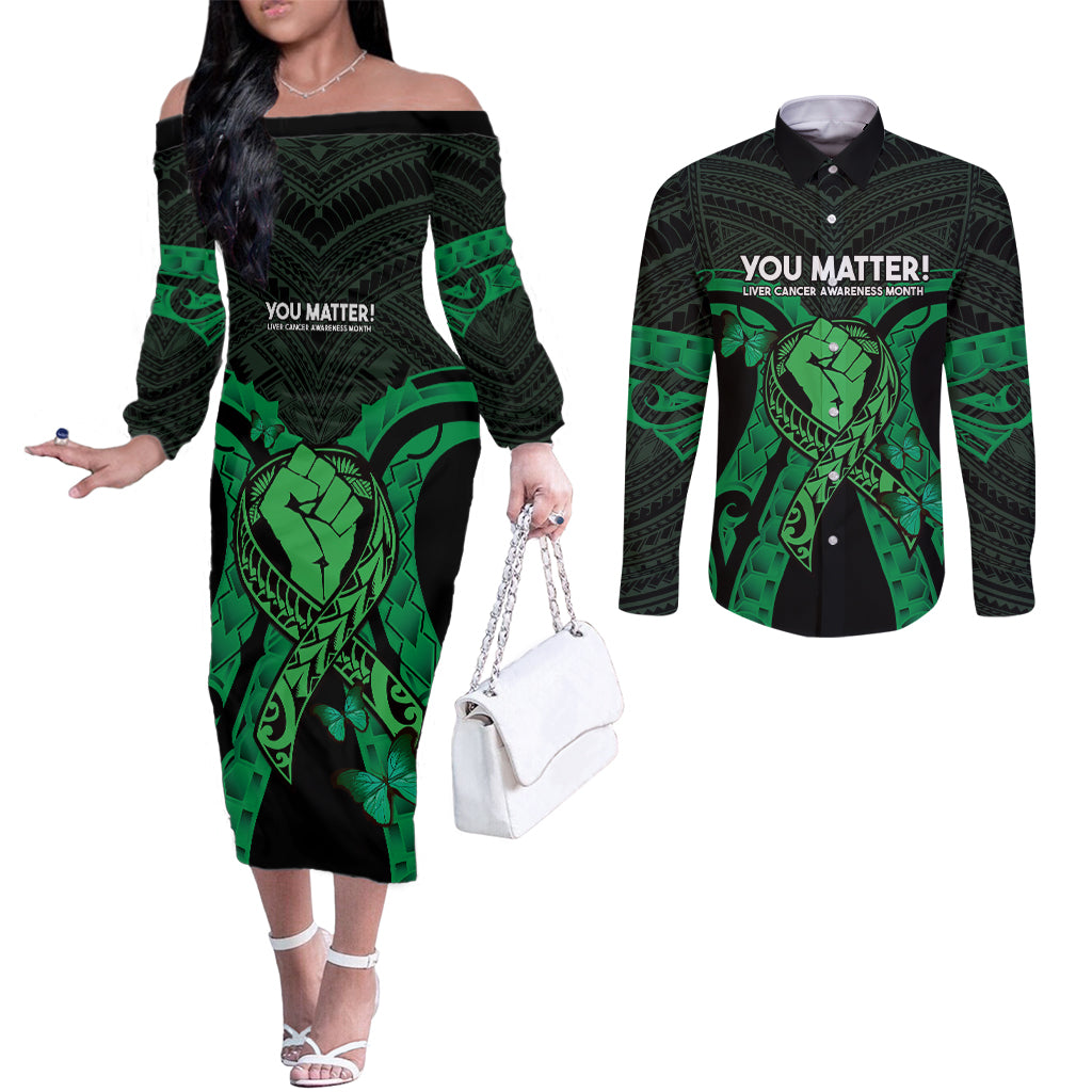ADHD Awareness Month You Matter Couples Matching Off The Shoulder Long Sleeve Dress and Long Sleeve Button Shirt Green Polynesian Ribbon LT14 Green - Polynesian Pride